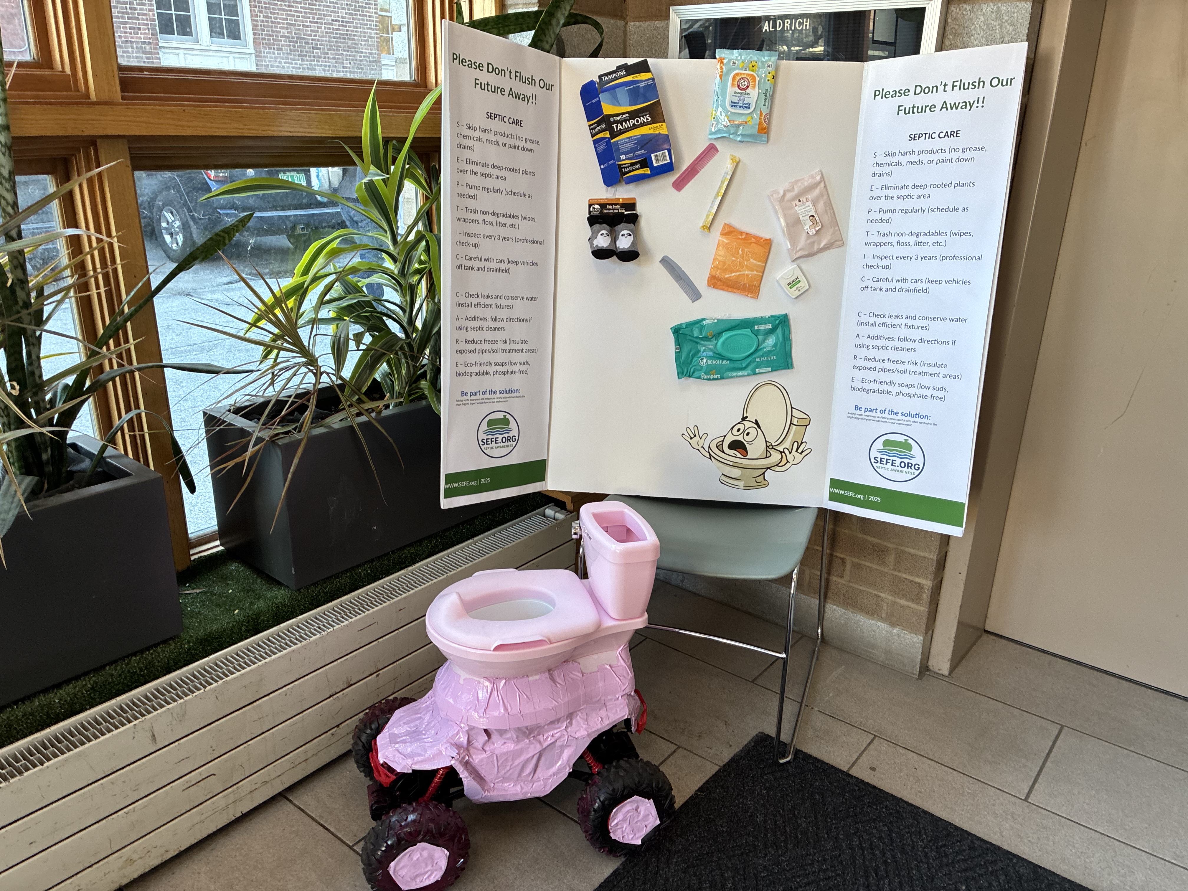 Remote-control driveable toilet at the Aldrich Public Library